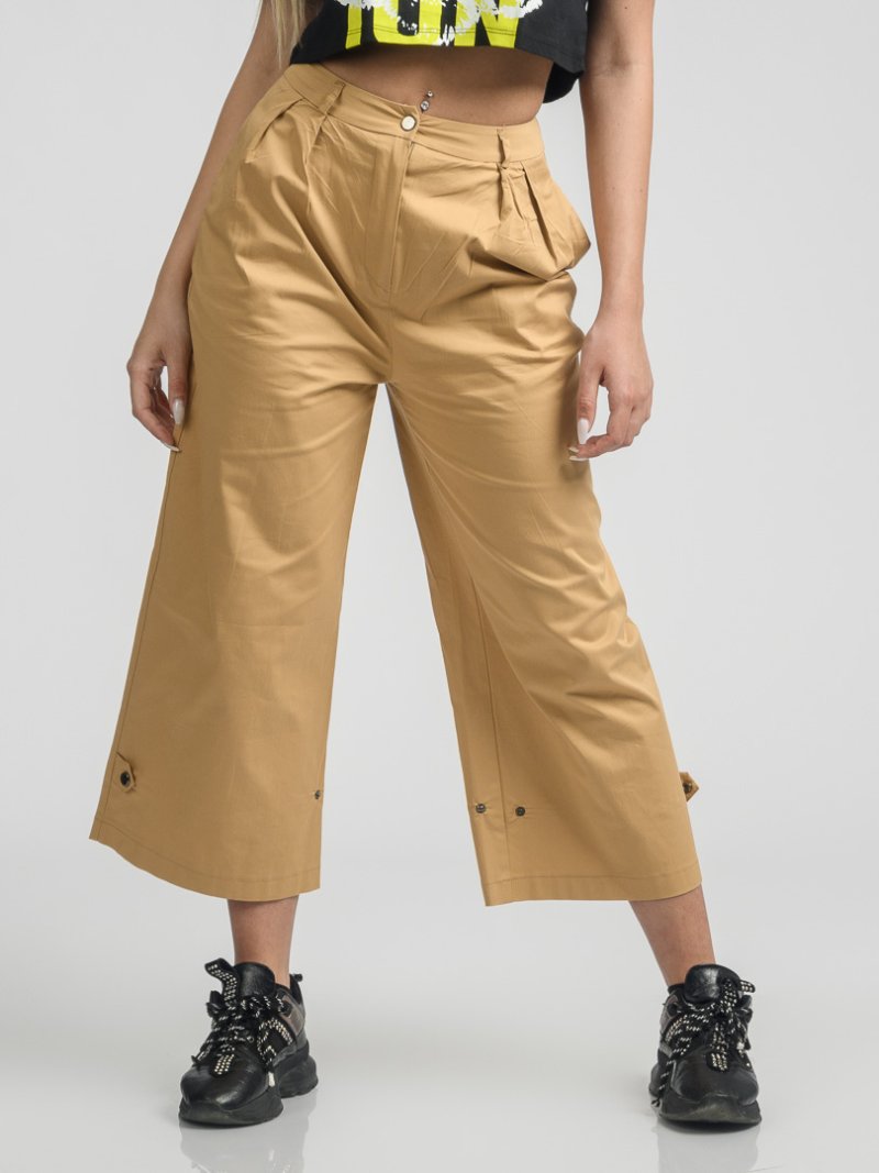 Дамски панталон широк с копчета на крачолите Кафяв