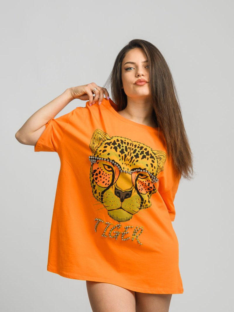 Дамска овърсайз тениска с щампа и мъниста Tiger Оранжева