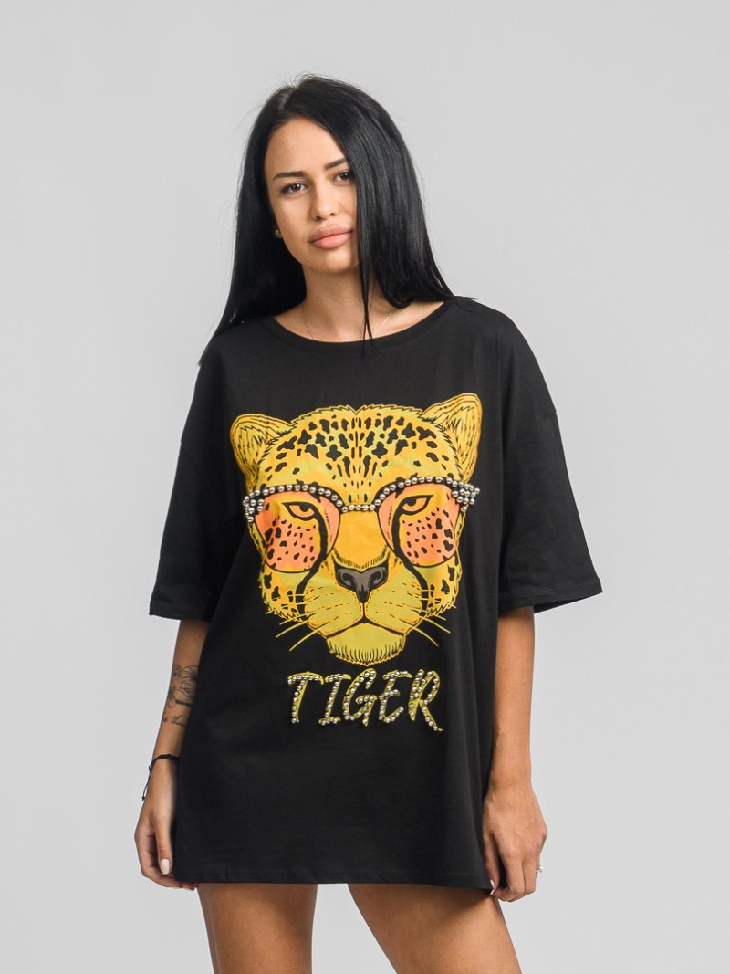 Дамска овърсайз тениска с щампа и мъниста Tiger Черна