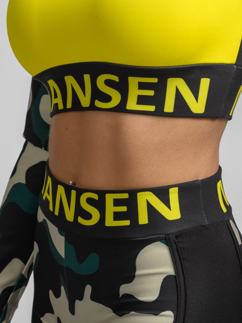 Дамски спортен комплект кроп топ и къси панталони Mansen Жълт