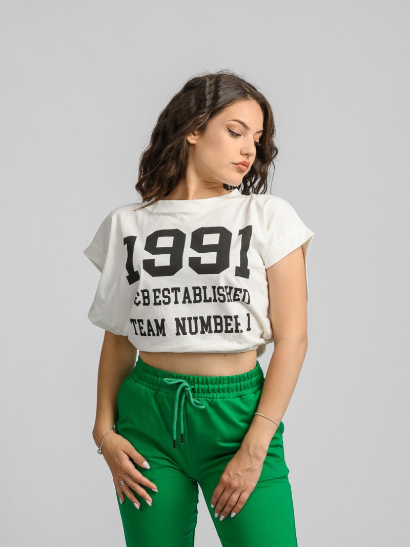 Дамска овърсайз къса тениска One Size с ластик 1991 Бяла