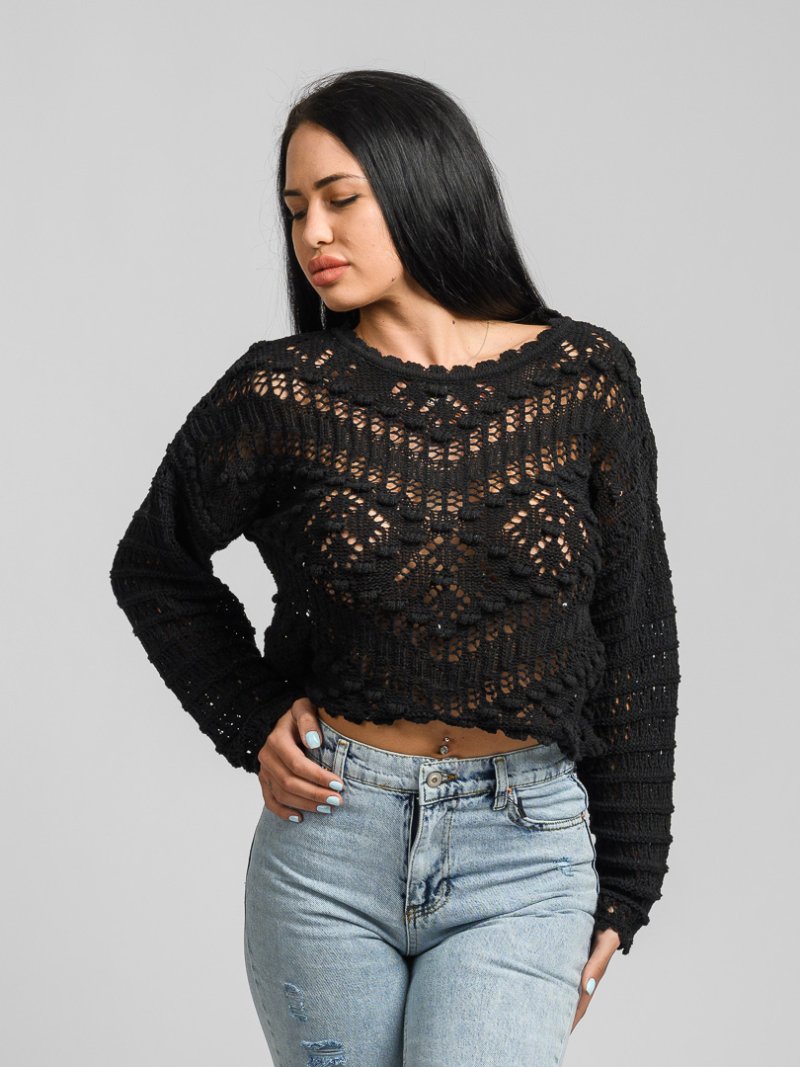 Дамски пуловер къс One Size Черен