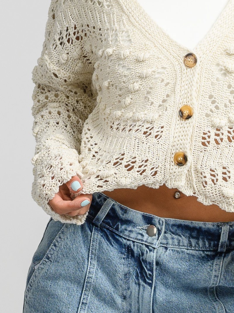Дамска жилетка от плетиво с копчета Релефна One Size Бежова