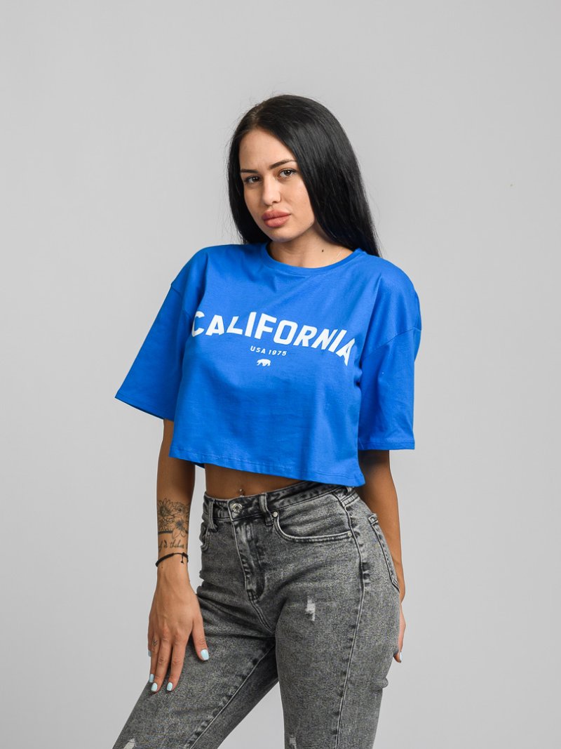 Дамска овърсайз къса тениска с щампа California Синя