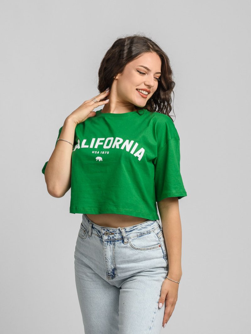 Дамска овърсайз къса тениска с щампа California Зелена