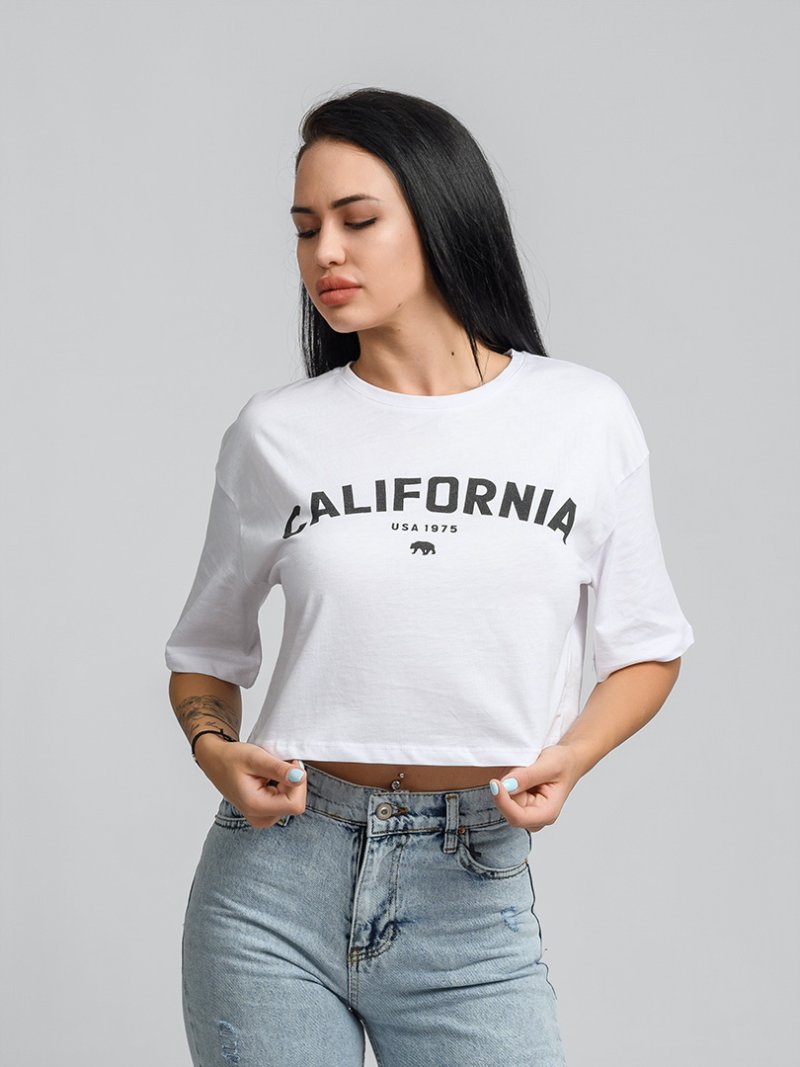 Дамска овърсайз къса тениска с щампа California Бяла
