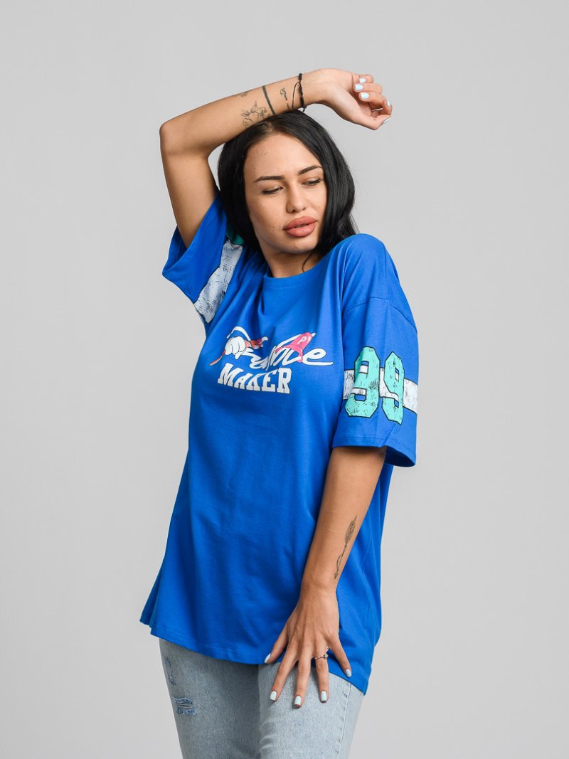 Дамска овърсайз тениска с щампа Trouble Maker Синя