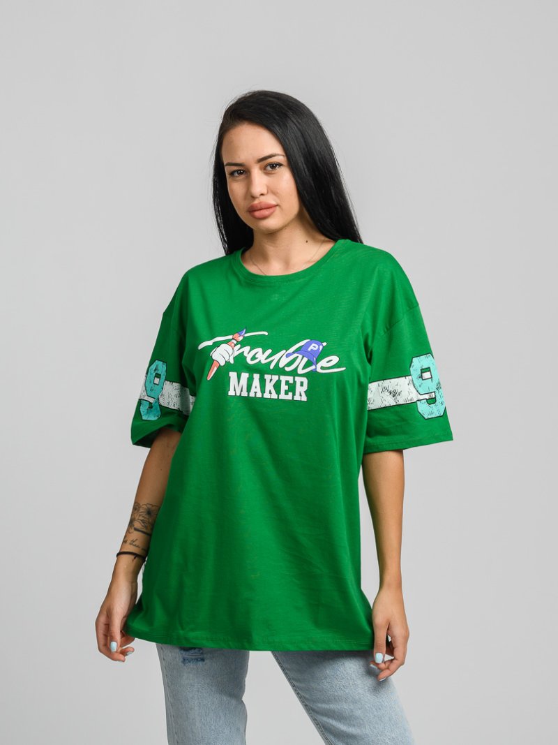 Дамска овърсайз тениска с щампа Trouble Maker Зелена