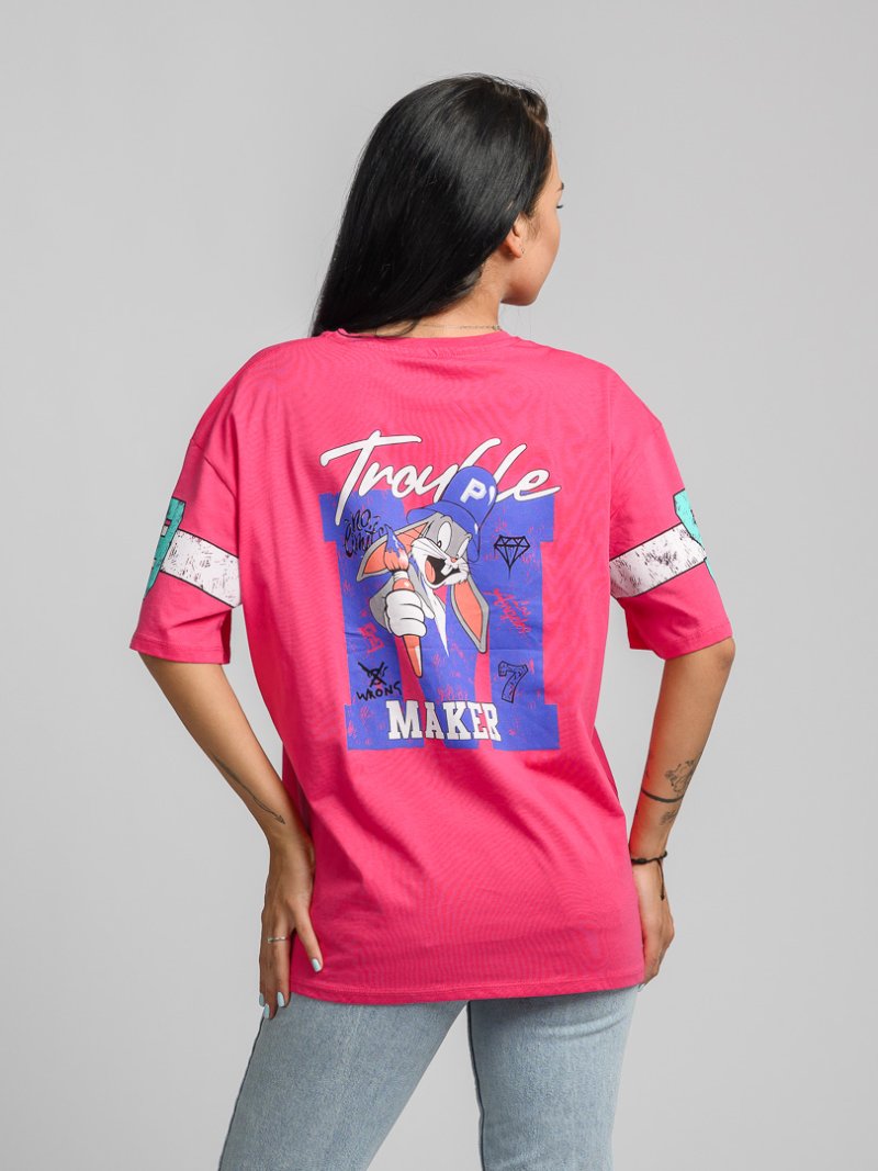Дамска овърсайз тениска с щампа Trouble Maker Розова
