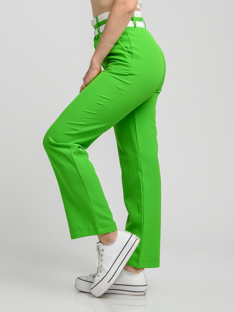 Дамски панталон със широк колан и странични джобове So You Зелен
