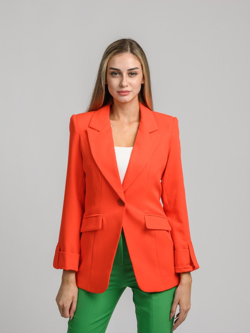 Дамско класическо сако с подплънки и едно копче For Every Style Оранжево