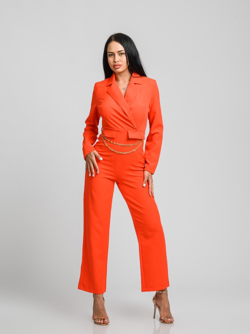 Дамски елегантен гащеризон с дълъг ръкав и V-образно деколте Business Style Оранжев