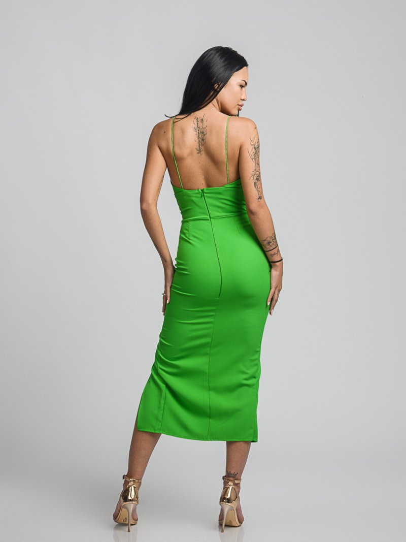 Елегантна дамска рокля Green Night сърцевидно деколте цепка и тънки презрамки