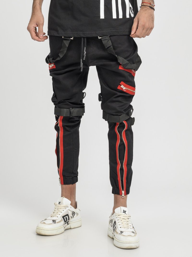 Мъжки карго панталон с колани и ципове Gangster Zip It Черен