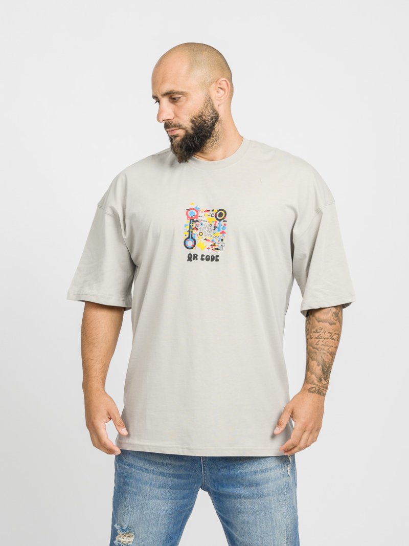 Мъжка овърсайз тениска с щампа QR Code Сива