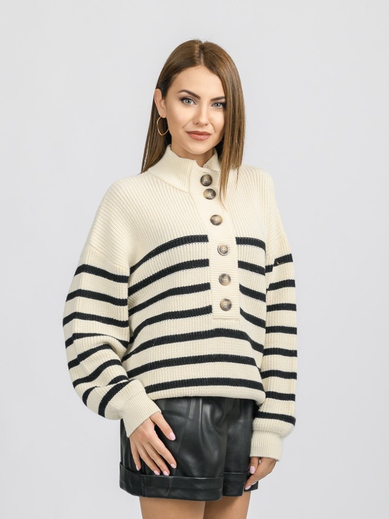 Дамски пуловер с копчета Rows Бял