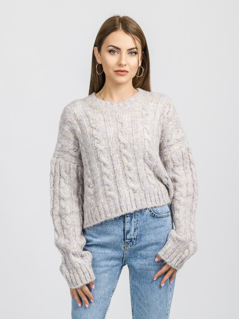 Дамски пуловер от плетиво с камъчета Warm and Stylish Сив