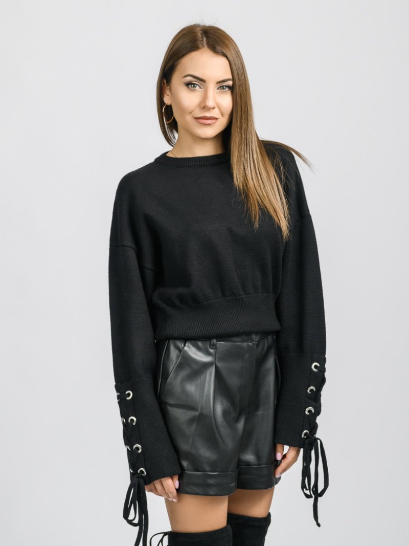 Дамски пуловер с връзки Divine Черен